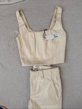 LBLC Cream Faux Leather Crop Tank & High-Waist Trouser set, Benny Bustier XS